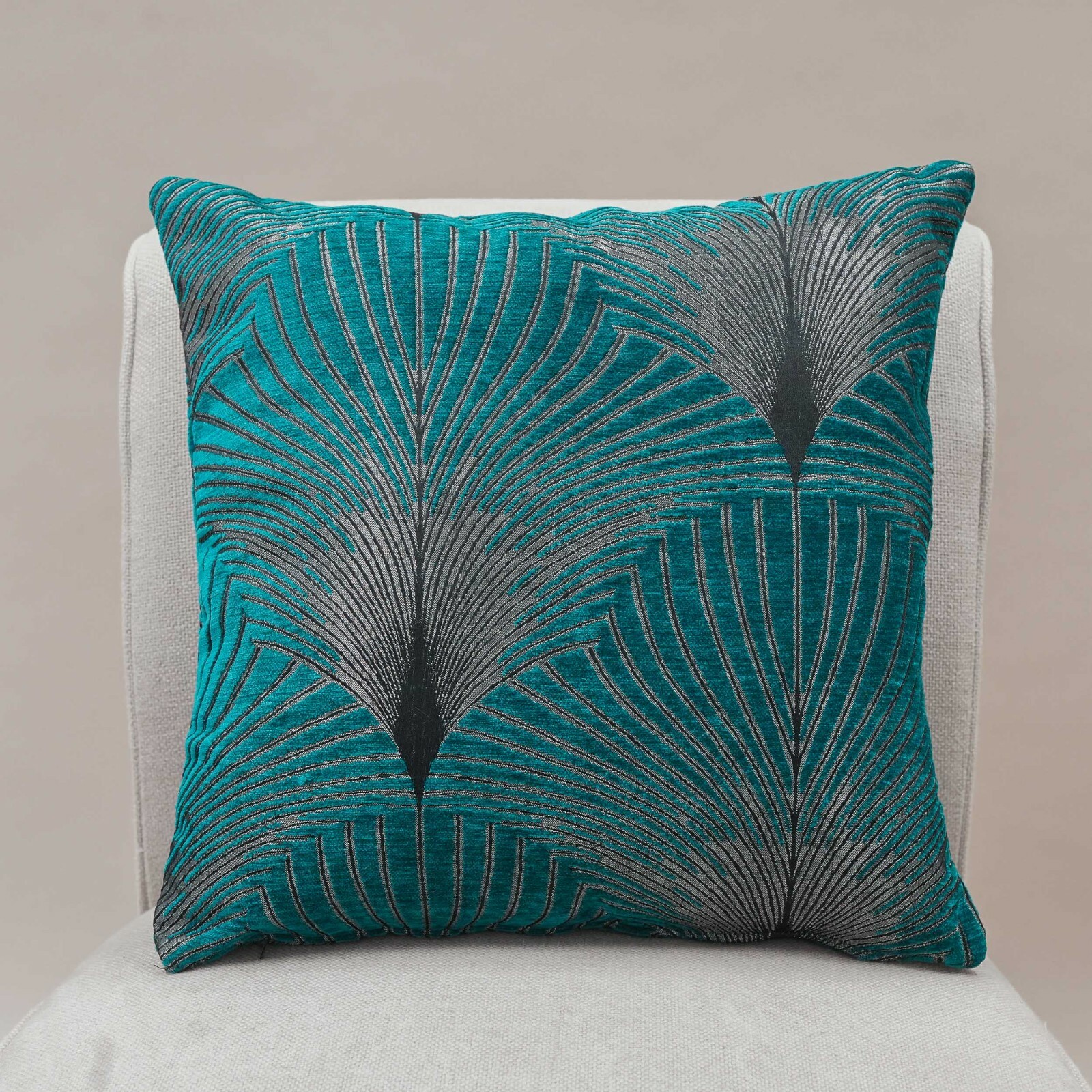 Art Deco Fan Cushion. Luxury Velvet Chenille. Teal Blue and Silver
