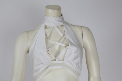 White Halter Neck Lace Up Open Front Backless Crop Top Womens Summer Club Sz S