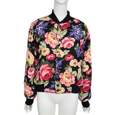 Vtg 80s Lizwear Women's Bomber Jacket M Colorful Floral Print Button Front