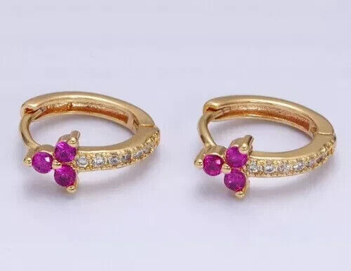 14k Yellow Gold Plated 1.5Ct Round Cut Created Diamond Ruby Huggie Hoop Earrings - Picture 1 of 3
