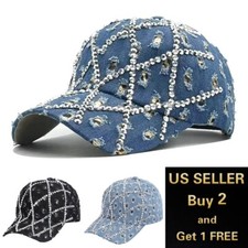 Washed Cotton Denim Hat diamond Shape Bling R...