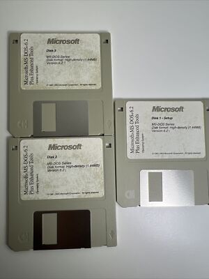 Microsoft MS-DOS 6.2Plus Enhanced ToolsOperating System, 3.5 Disks 1,2, and 3.