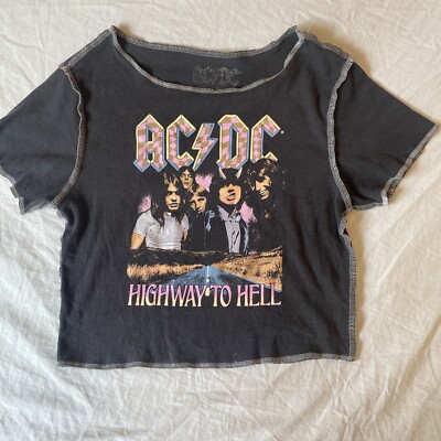 AC/DC Highway To Hell Gray Pastel Graphic Cropped Fitted Band Tee T-Shirt Medium