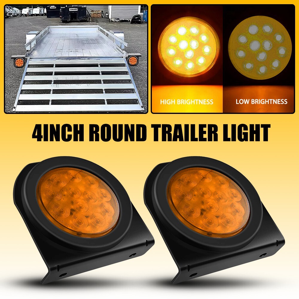 2PCS 12 LED Amber Round 4 Inch Trailer Tail Lights with Mounting Bracket for Trucks