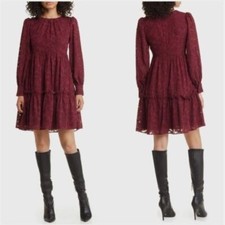 New Eliza J Lace Long Sleeve Tiered Dress in Wine Burgundy Babydoll Sz 6