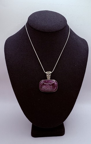 Lia Sophia Purple Glass East West Oval Pendant Necklace Silvertone Chain Swirled