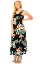 JOSTAR Black FLORAL LONG TANK DRESS Stretch Poly Spandex Slinky Knit S M L XL 3X