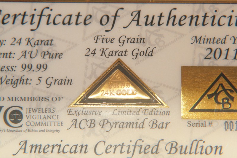 GOLD ACB PYRAMID 5GRAIN 24K SOLID BULLION ~ BAR 9999 FINE With COA.$ G