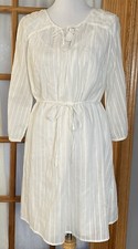Belted Striped Sheer Dress Sz L White 3/4 Sleeve Lined Beach Coastal Boho