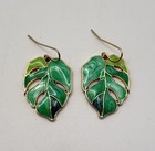Green Enamel Leaf Drop Earrings Gold Tone Tropical Monstera Style