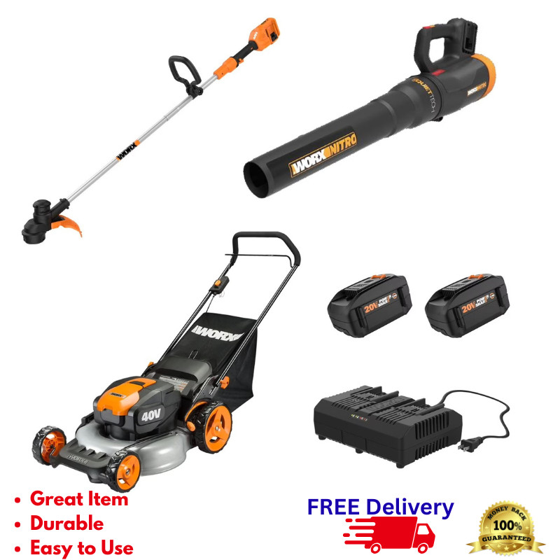 40V Cordless 20" Lawn Mower 13" String Trimmer & Leaf Blower 3-Tool Combo Kit Se