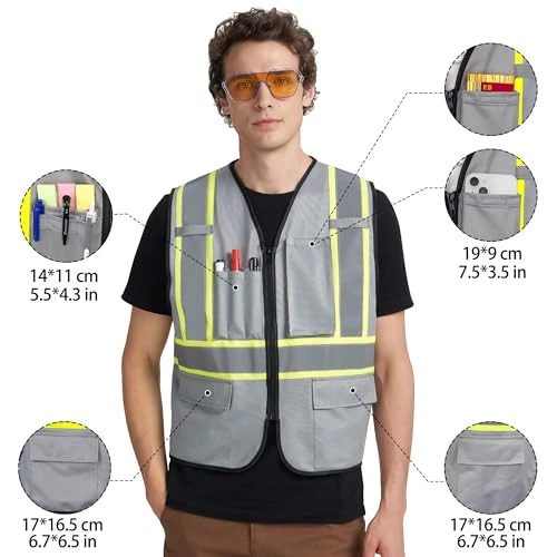 A-KSAFETY High Visibility Safety Vest for Men Women with Pockets and Large Grey - Image 2 of 4