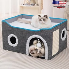 Spacious 2-in-1 Cat House W/ Scratch Pad  Comfortable Sleeping Mats Indoor Use