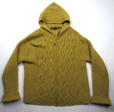 Inis Crafts Sweater Women XL Mustard Yellow Merino Wool Full Zip Hood Cable Knit