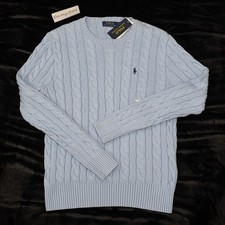 Polo Ralph Lauren Cable-knit Light Blue / Navy pony Cotton Crewneck Men's Sz S