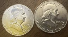 Silver $1 Face Value Franklin Half Dollar Coins 1962 and 1959 D in AU condition