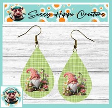Earrings Teardrop Gold Hook Backs Pink Gnome Spring Flowers MDF Sublimated