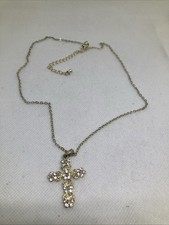 Beautiful Goldtone Floral Jeweled Christian Cross Pendant Chain Necklace