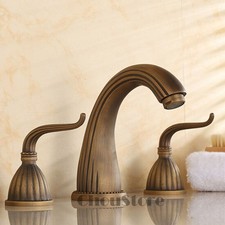 Widespread 3Holes Bathroom Basin Faucet Two Handle Sink Mixer Tap Antique Brass  