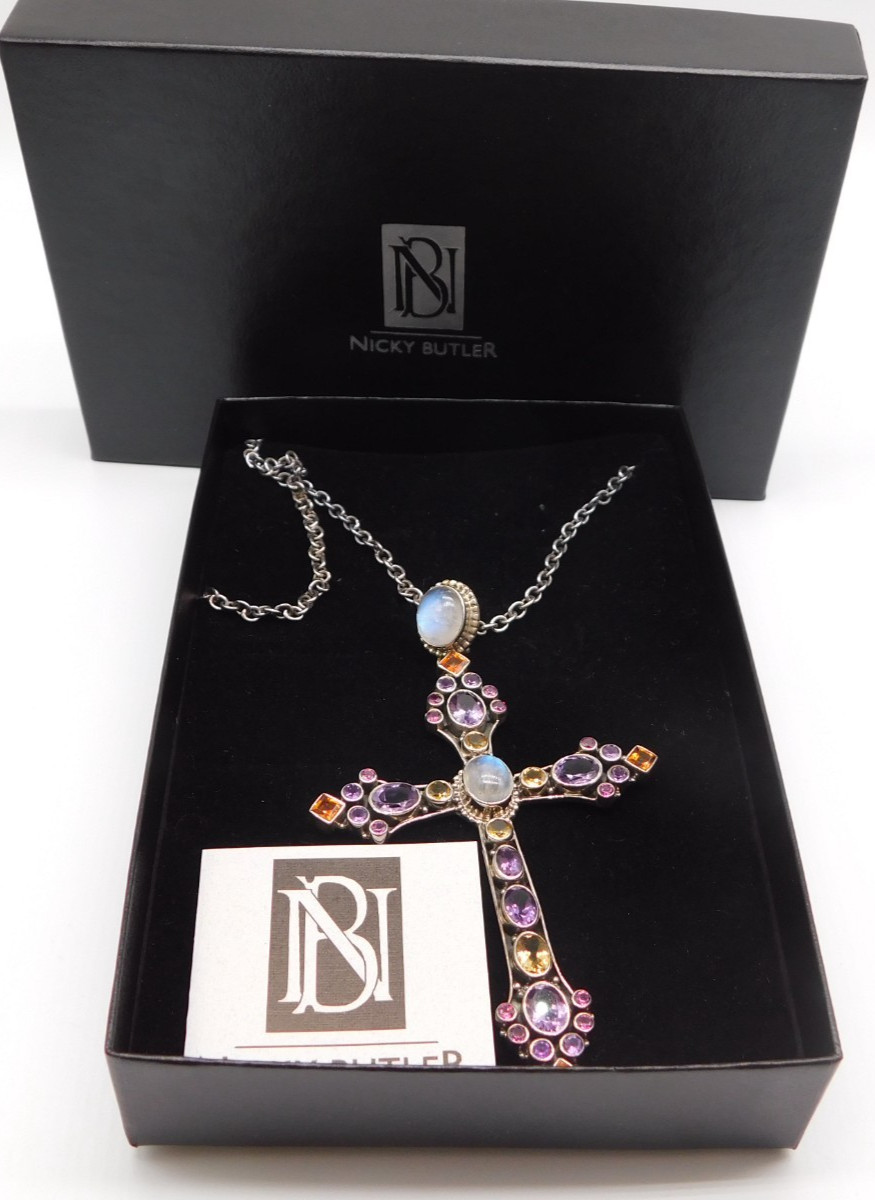LARGE DESIGNER NICKY BUTLER STERLING SILVER MOONSTONE CROSS PENDANT NECKLACE