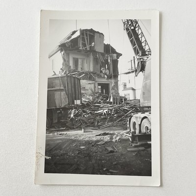 Vintage B&W Snapshot Photograph Demolished House Torn Down Building Odd
