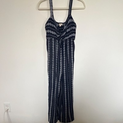 Hem & Thread Womens Navy Geometric Sleeveless Wide-Leg Jumpsuit V-Neck L boho 