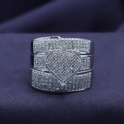 3/4ct Natural Round Diamond Heart Engagement Trio Ring Set 10K Solid White Gold