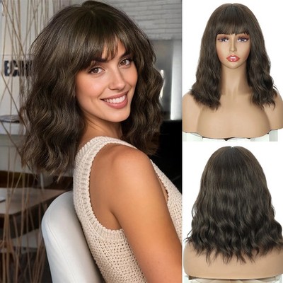 Creamily 12 inch Dark Brown Bob Wigs with Bangs for Women Short Wavy Shoulder Le