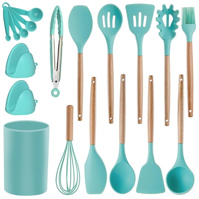 Silicone Kitchen Utensils Set - Heat Resistant Silicon Cooking Utensils, Wood...