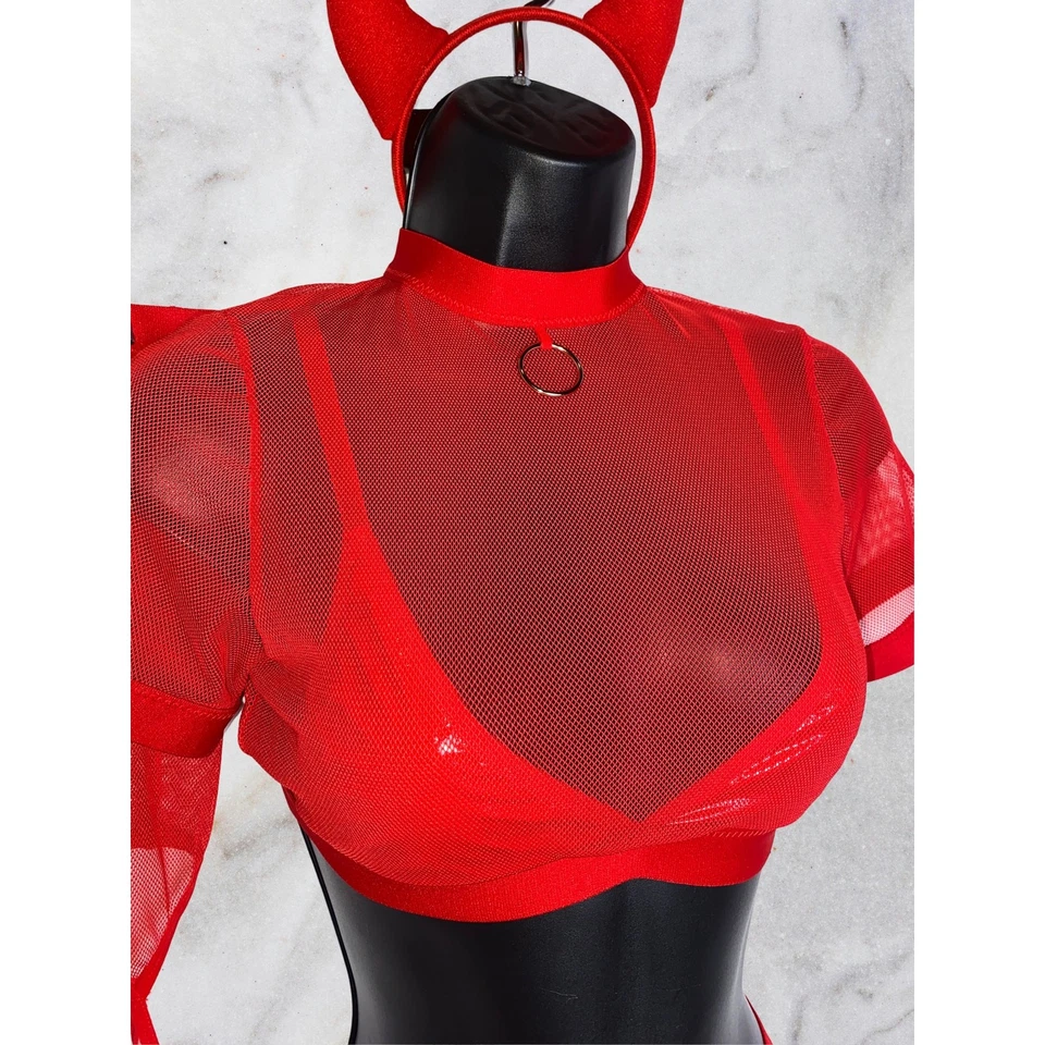 Nuevo Conjunto de Falda Grande Diablo Halloween Disfraz Malla Vegano Cuero Látex Rojo Accesorios Foto 4 de 4