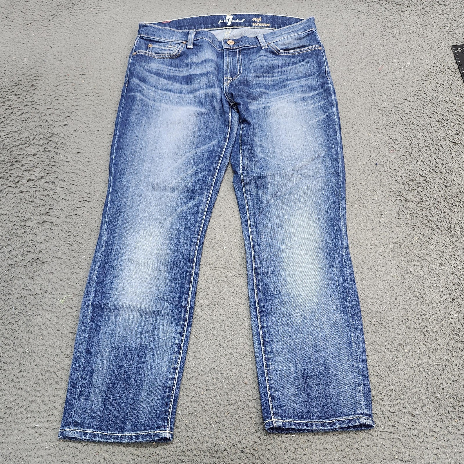 7 For All Mankind Roxanne Crop Jeans Womens 32 Blue Wash Distressed Slim Denim