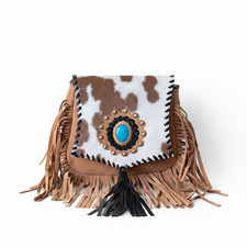 Cowhide and Leather Crossbody Bag with Turquoise Accent - Western Fringe Purse
