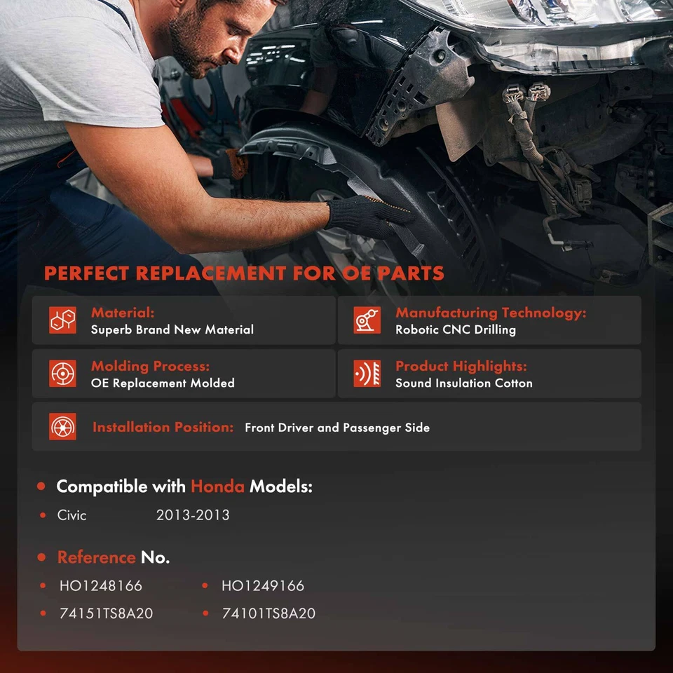 2 передние внутренние накладки на крыло из полиэтилена с изоляционным пеноматериалом для Honda Civic 2013 Coupe - Изображение 2 из 4