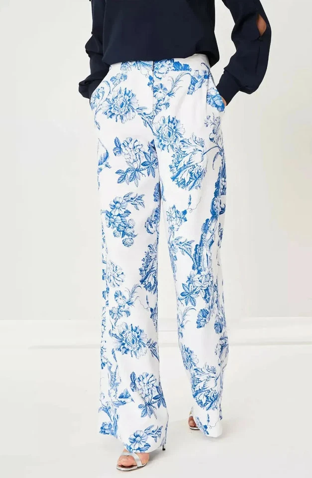 $1390 NUEVO Pantalones Oscar de la Renta Floral Toile Elastizados Seda Pierna Ancha XS S 2 4.