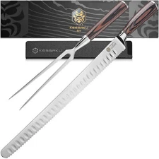 Kessaku 14" Slicing Carving Serrated Edge Knife & Meat Fork Set - Samurai Series