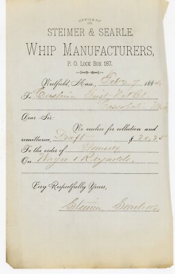 1884 Steimer & Searle Whip Westfield, Mass Manufacturers Letterhead Signed