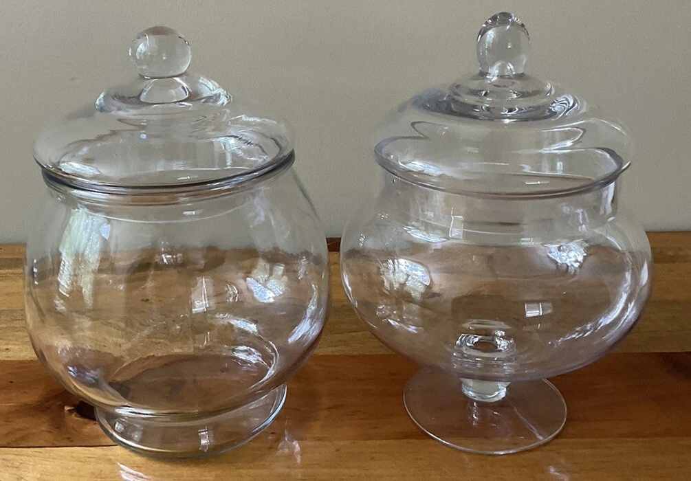 Apothecary/Terrarium Clear Glass Cookie Jar W/Lids 10” H x 8" W Set Of 2