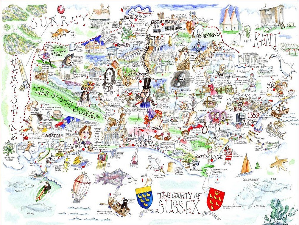 Tim Bulmer Illustrated Tea Towels Sussex 100% Cotton Size 45cm x 73cm