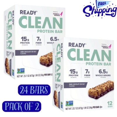 Ready CLEAN Bar, SEA SALT DARK CHOCOLATE  24 TOTAL BARS NIB- NON GMO 15G PROTEIN