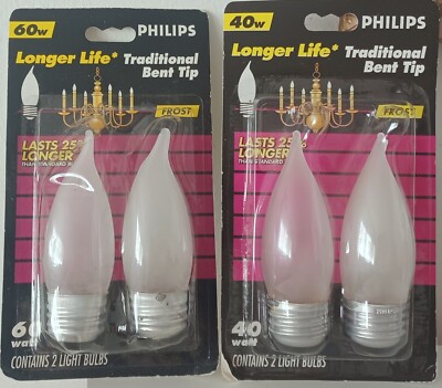 2 PACKS PHILIPS 60w 40w FROSTED LONGER LIFE TRADITIONAL BENT TIP LIGHT BULBS