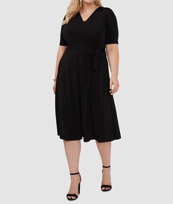 MSK Women's Black V-Neck Belted Fit&Flare Midi Dress Plus Size 3X | eBay