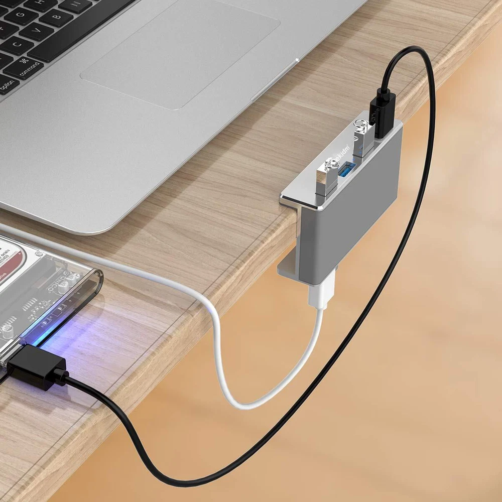 USB Hub 3.0 - 4 Port Aluminum Desk USB Hub 3.0 Clamp Design for Desktop, Comp...