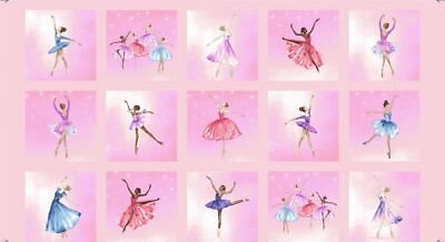 Pink Ballerina 7 x 7in Blocks 24 x 44in Panel Cotton Fabric By The Panel