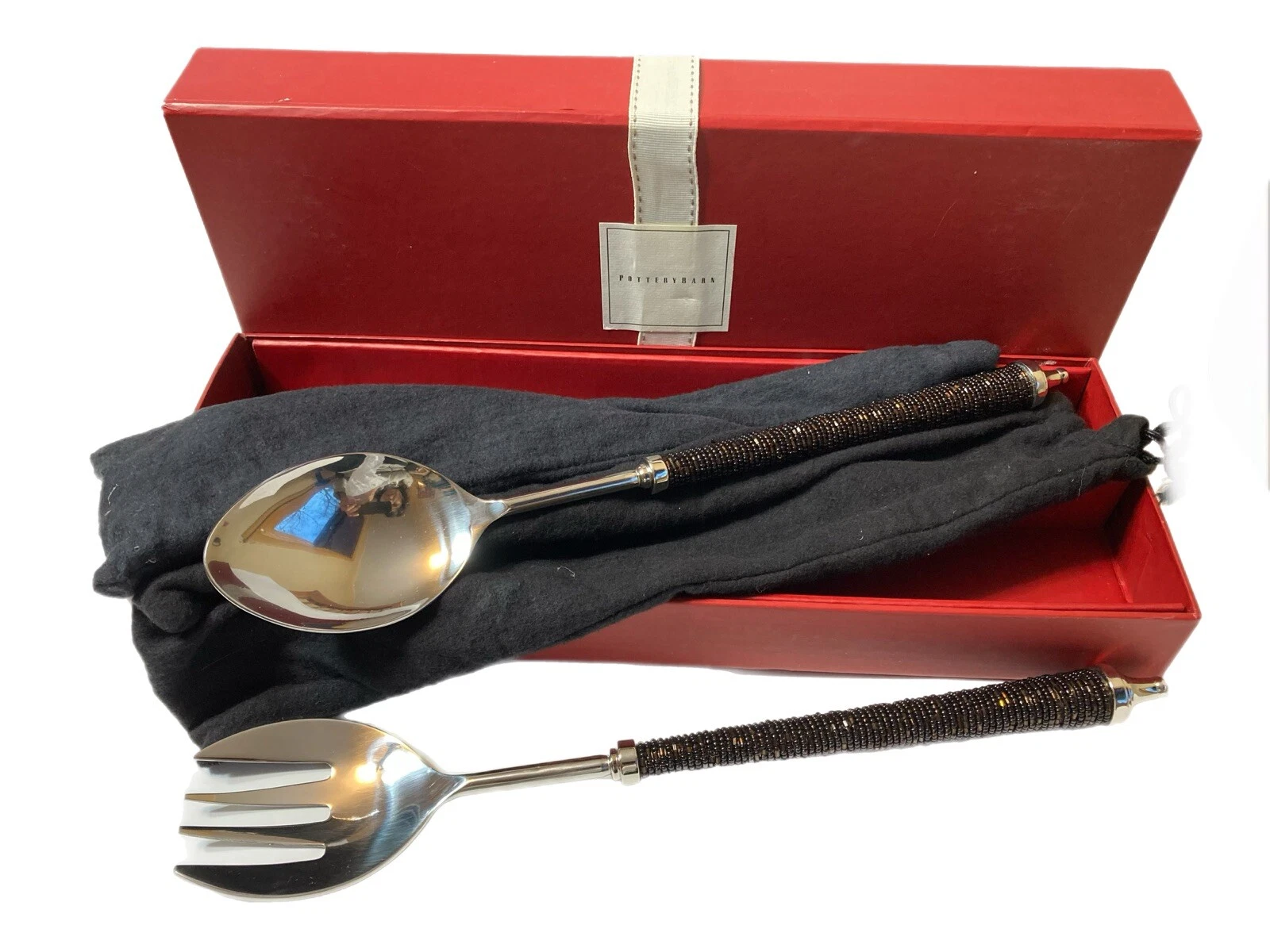 Pottery Barn bronze seed bead long stainless steel servers set 2 boxed sleeved