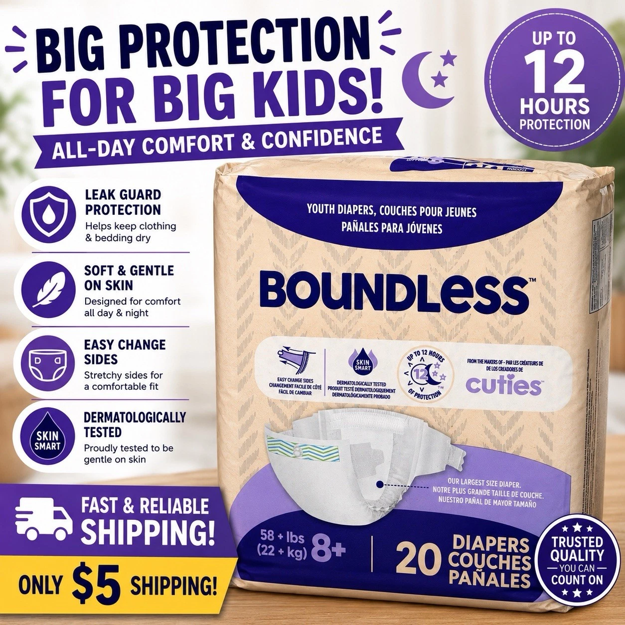 Cuties Boundless Youth Diapers Size 8 Package of 20