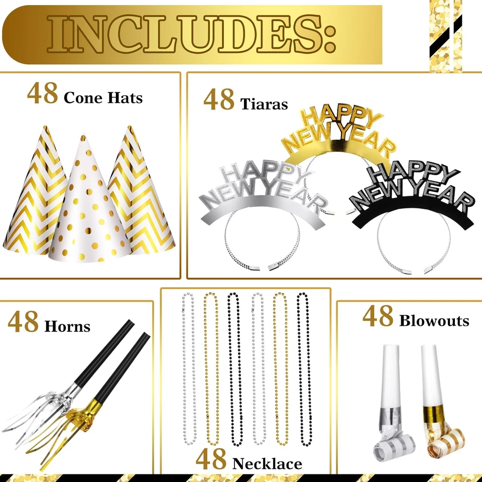 120 Piezas 2026 Suministros de Fiesta de Nochevieja para 24 Incluye Sombreros Cono Brillo Ti... Foto 2 de 4