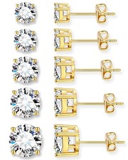 5 Pairs 14K Gold Plated Stud Earrings Set for Women, Hypoallergenic AAA CZ