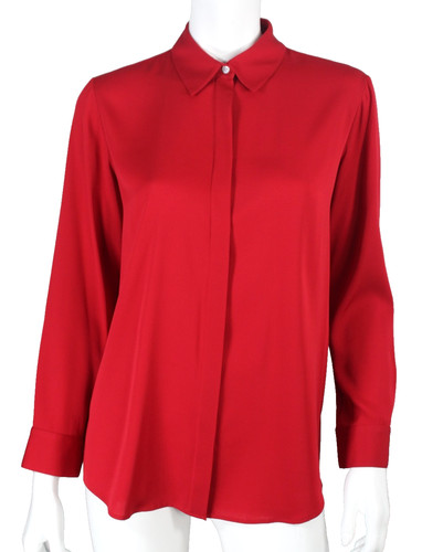 THE ROW Fire Engine Red Silk Jersey Collared Button-Front Blouse 6