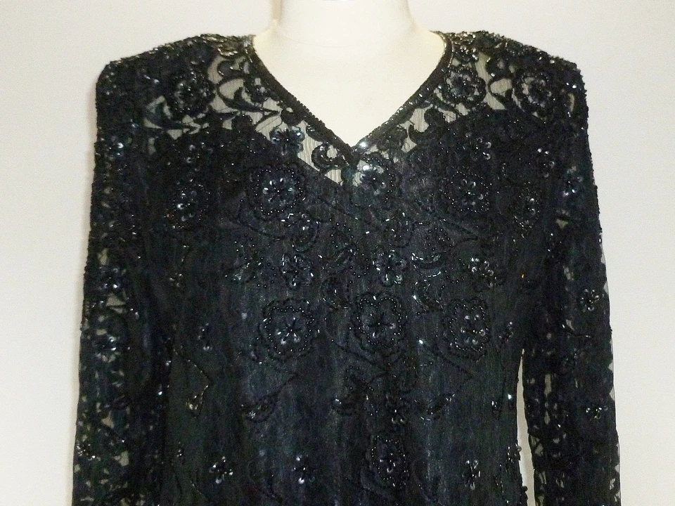 Fashion House XL Evening Dress Black Beaded Long Gown Vintage Silk Formal Party - Image 2 of 4