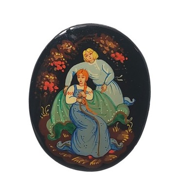 Vtg USSR Russian Folk Art Laqured Handpainted Couple Oval Pin Brooch Swan Marked